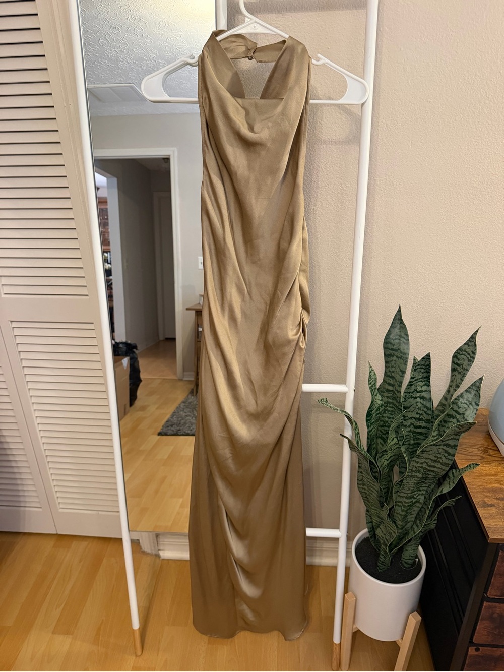 Elegant Gold Satin Halter Evening Dress